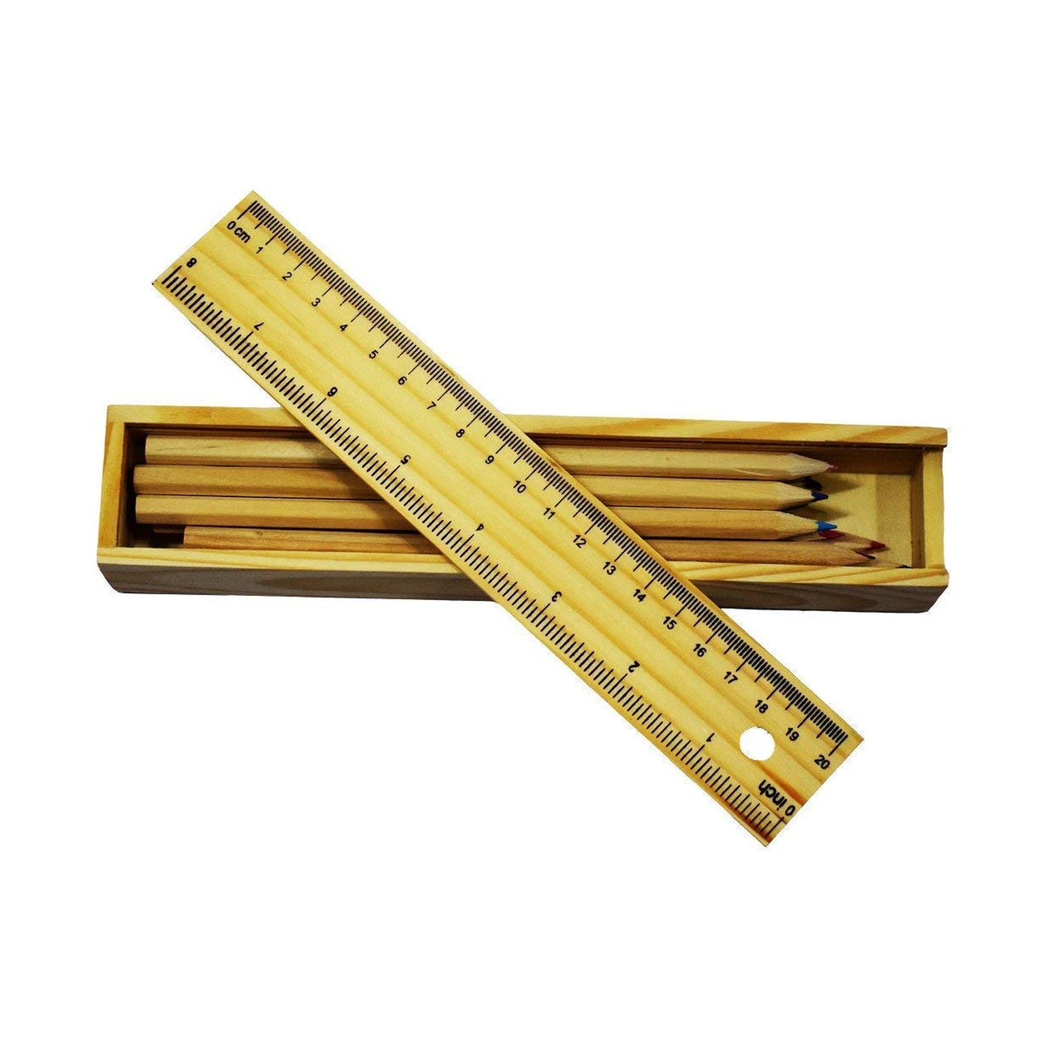 Colorful Wooden Pencil Set with Pencil box, Ruler, Sharpener (12 Pcs Set)